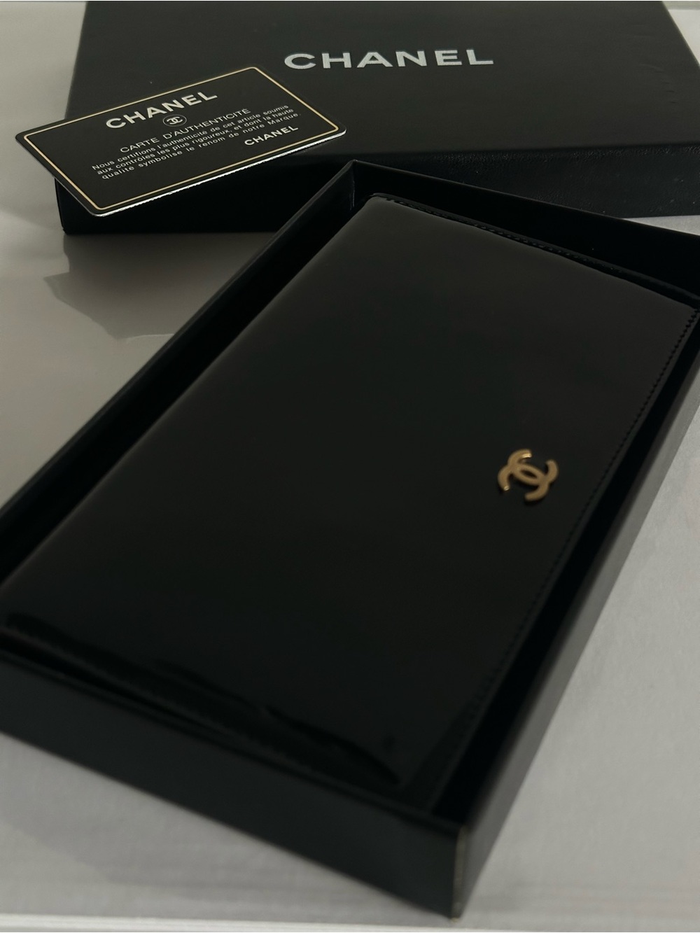 Vintage Chanel Black Patent Leather Long Flap Wallet 6-Series Box Card